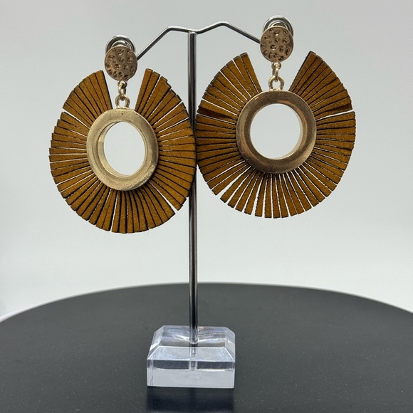 INC Leather Fringe BOHO Circle Gold Tone Post Earrings - Picture 2 of 8